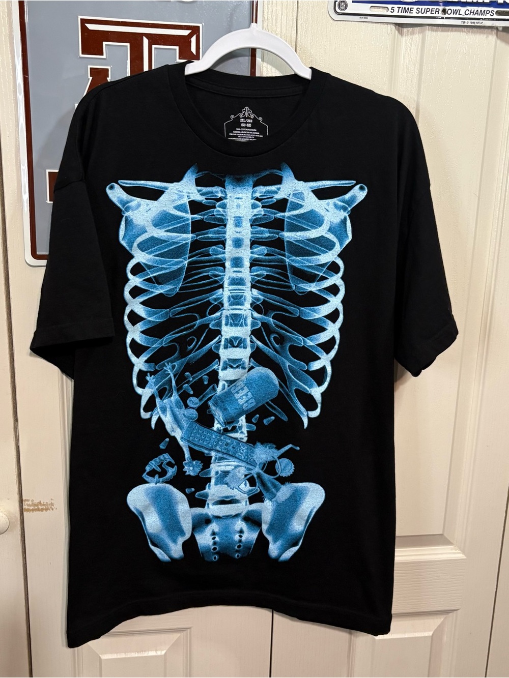 Men's Black Short-Sleeve Tee with Blue Skeleton Ribcage Graphic